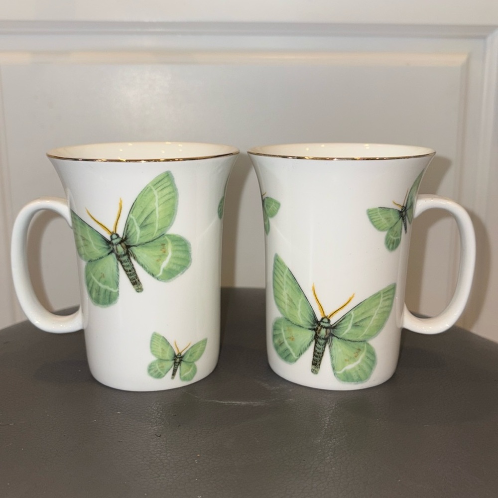 Beautiful Vintage Set of 2 Ceramic Butterfly Mugs By Grace Tea Ware, 8 Oz Each
